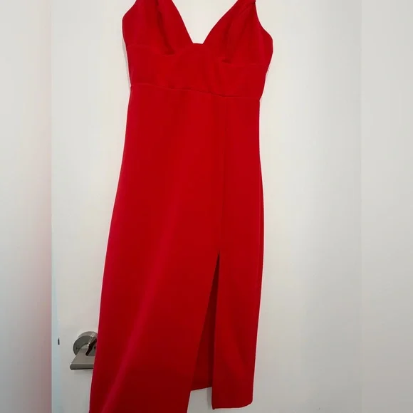 Red Spaghetti-Strap Midi Dress with Front Slit - Picture 5 of 6